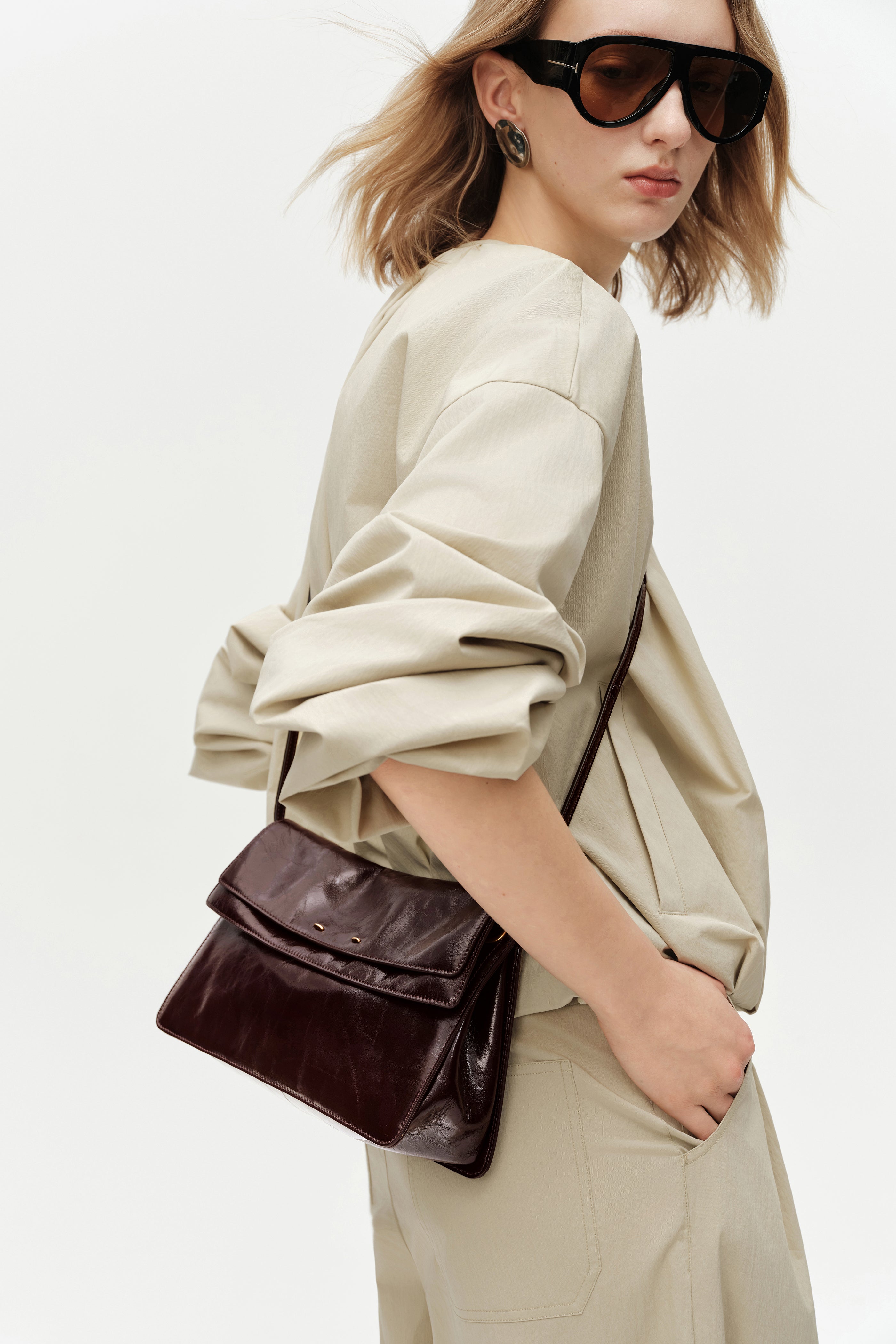 Soft Rialto Double Flap Bag in Oil-Waxed Cowhide Leather
