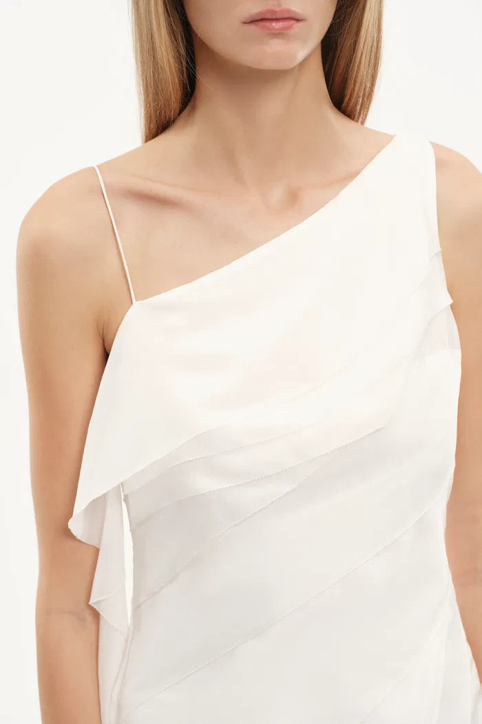 Cascade Ruffled Tie-Front One Shoulder Dress in Mulberry Silk