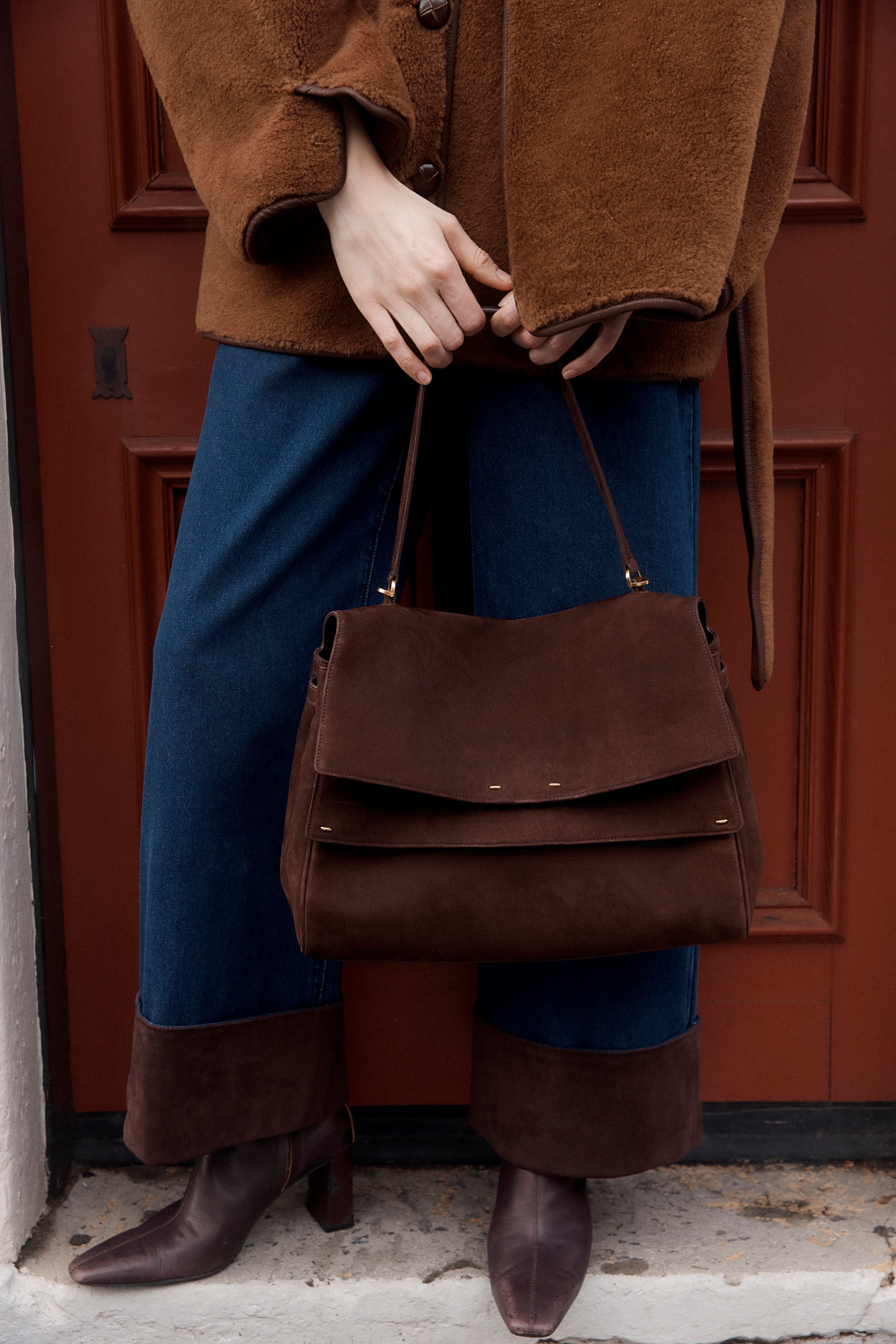 Rialto Double Flap Handbag in Top-Grain Nubuck Leather