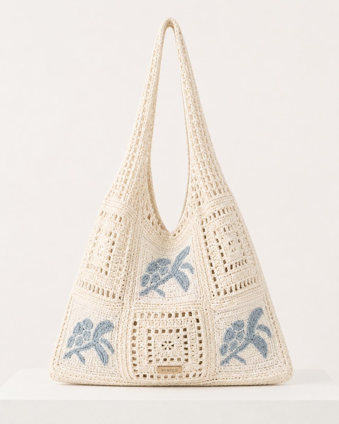VYNCCO Crochet Tote Bag with Blue Embroidery
