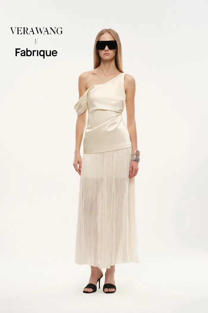 Aura One Shoulder Ruched Pleated Maxi Dress in Mulberry Silk