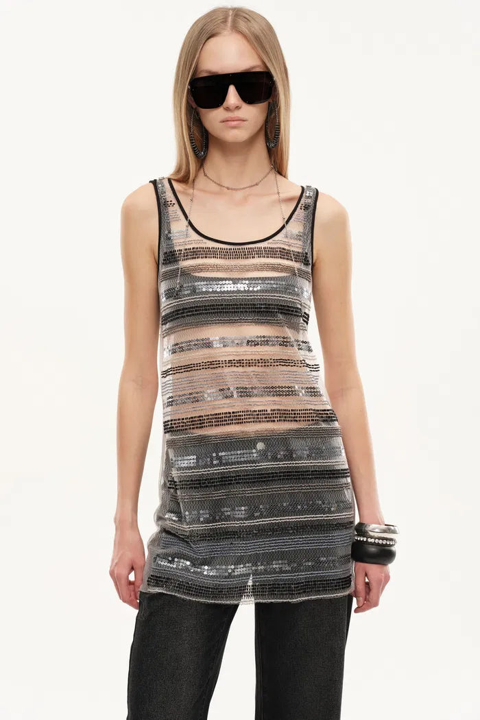 Twilight Embroidered Sleeveless Dress in Beaded Mesh
