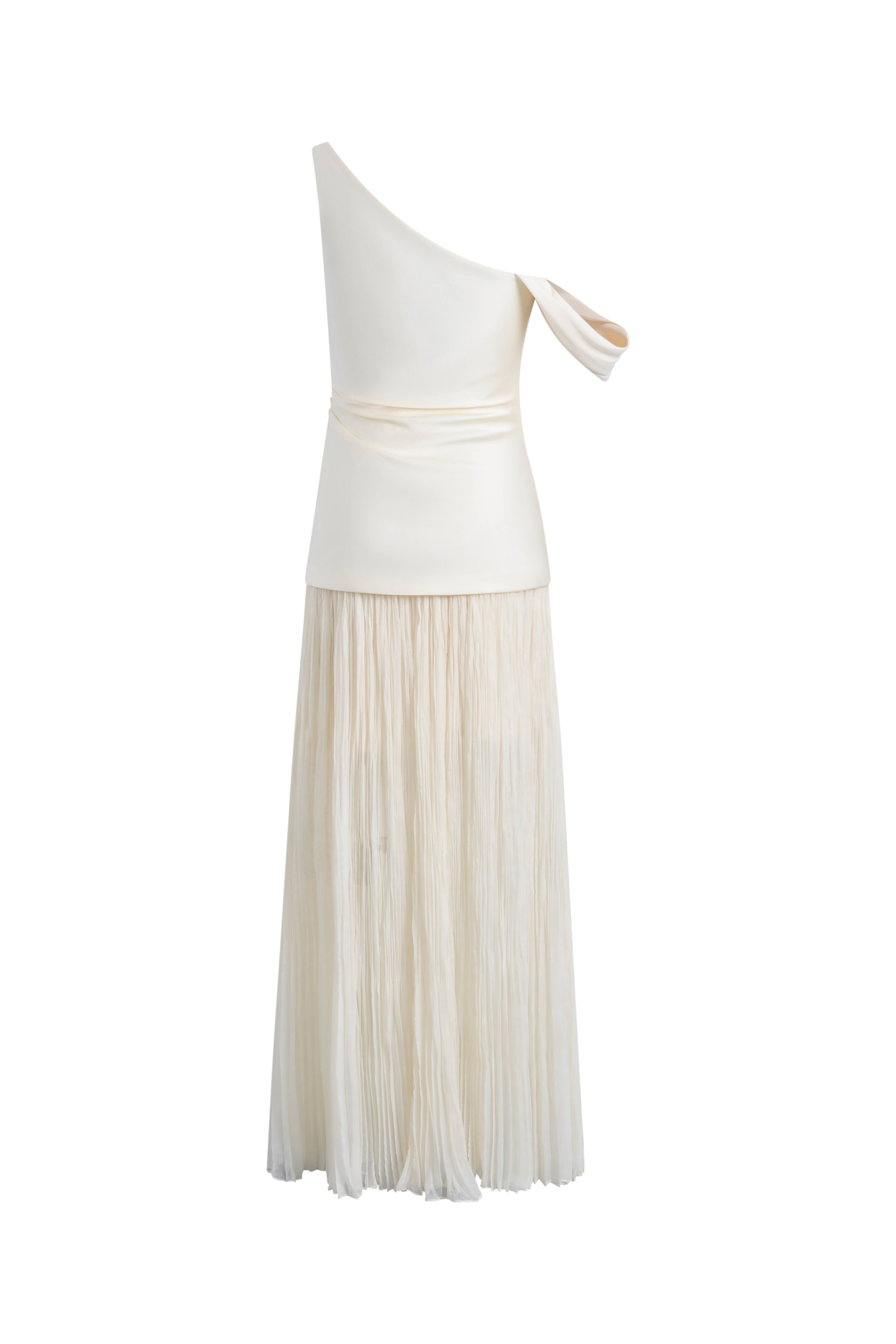 Aura One Shoulder Ruched Pleated Maxi Dress in Mulberry Silk