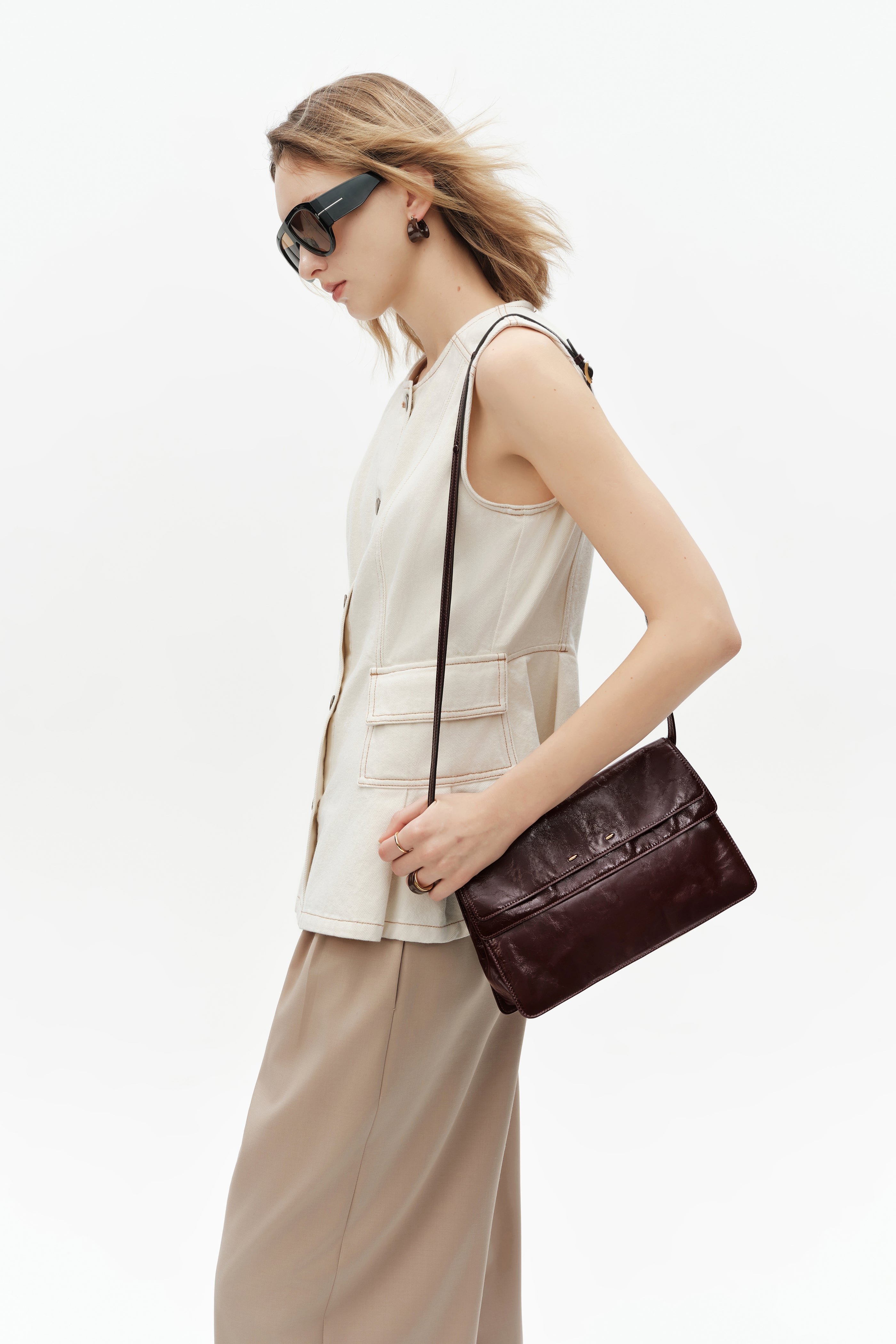 Soft Rialto Double Flap Bag in Oil-Waxed Cowhide Leather