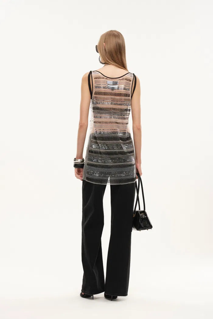 Twilight Embroidered Sleeveless Dress in Beaded Mesh