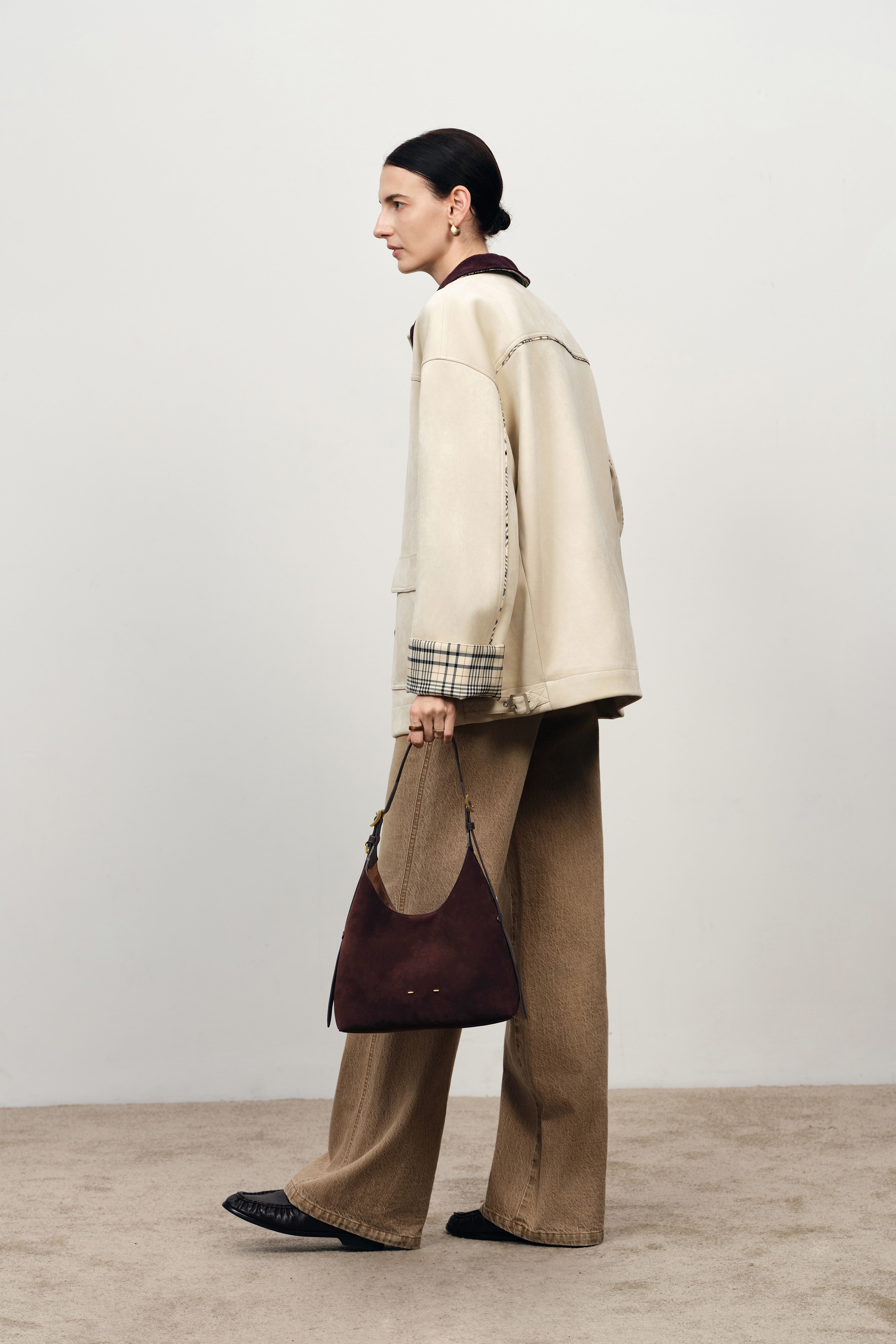 Duomo Double Buckle Small Hobo Bag in Top-Grain Nubuck Leather