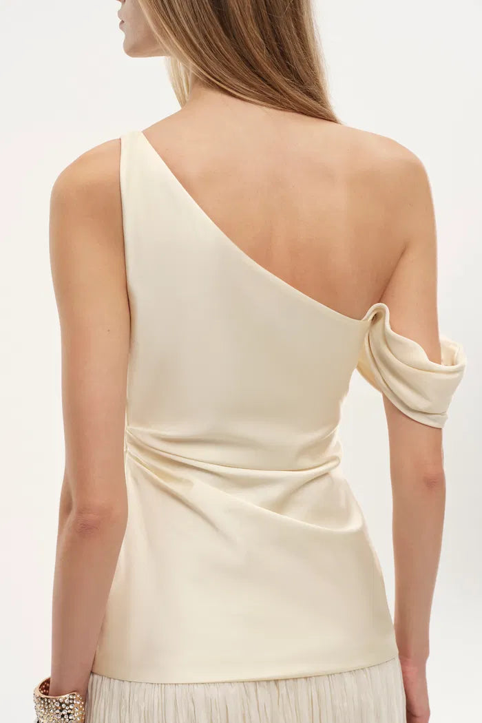 Aura One Shoulder Ruched Pleated Maxi Dress in Mulberry Silk