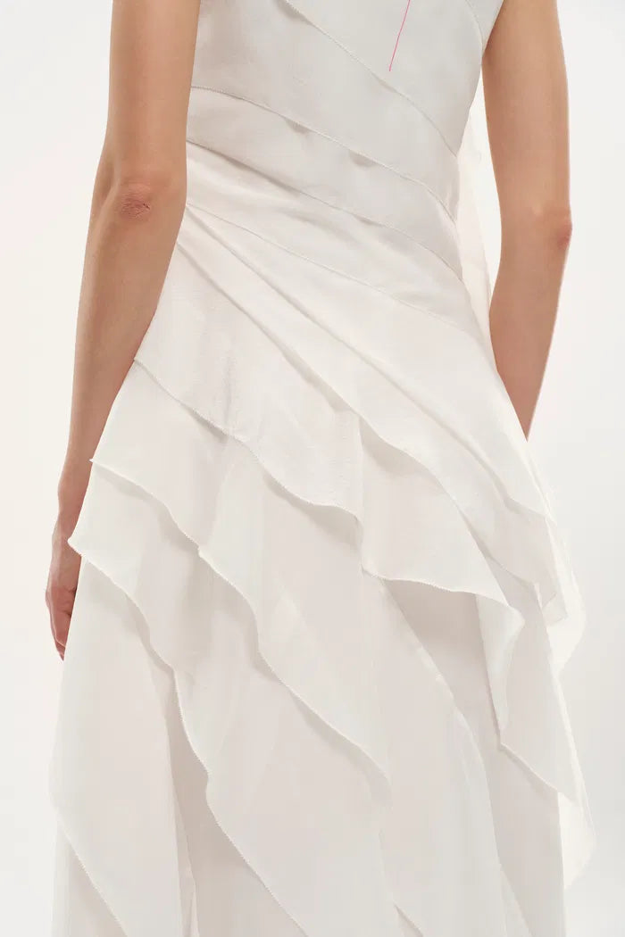 Cascade Ruffled Tie-Front One Shoulder Dress in Mulberry Silk