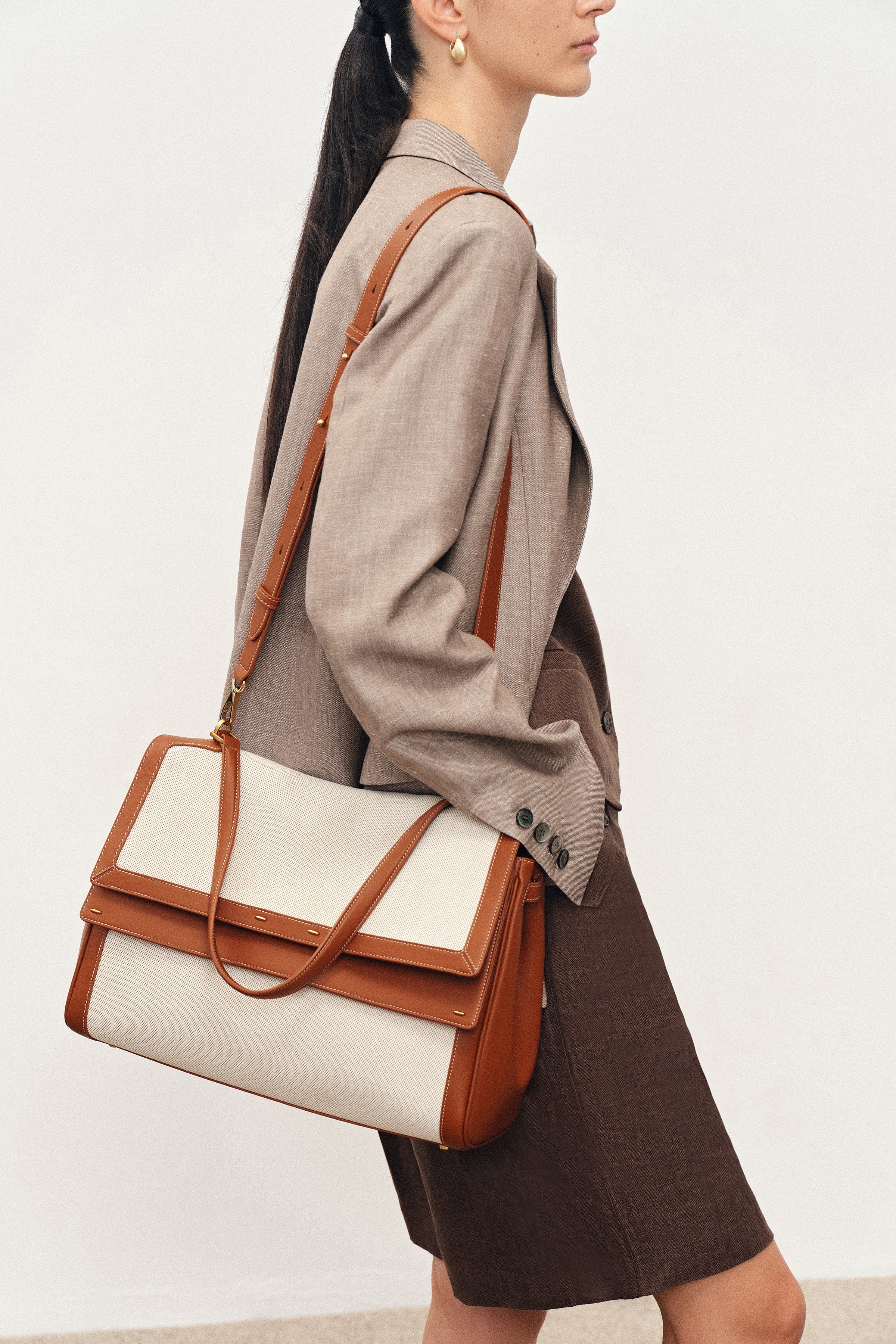Rialto Double Flap Handbag in Nappa Leather & Water-Resistant Canvas